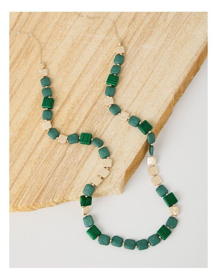 Green Square Bead Long Necklace