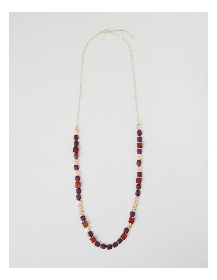Burgundy Square Bead Long Necklace