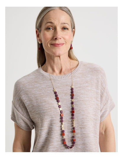 Burgundy Square Bead Long Necklace