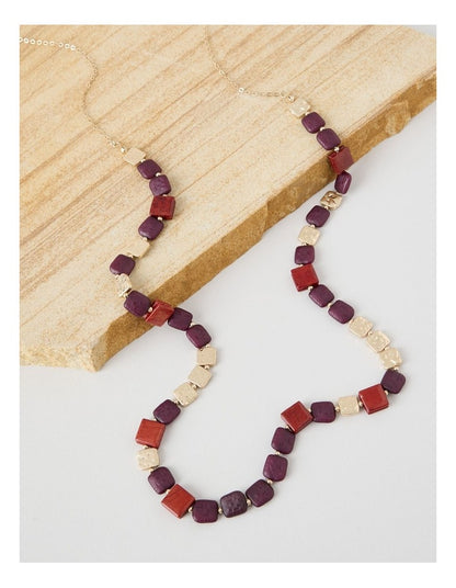 Burgundy Square Bead Long Necklace