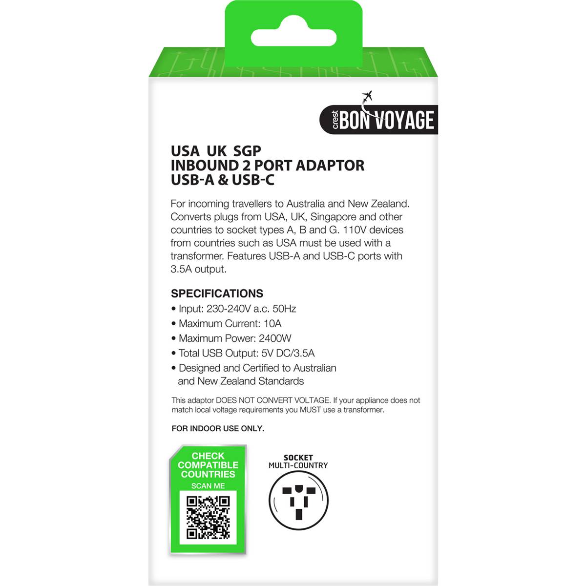 Crest Inbound Adaptor USA UK SGP Dual USB 3.5A Fast Charge each