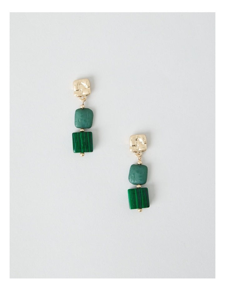Green Square Bead Drop Earrings
