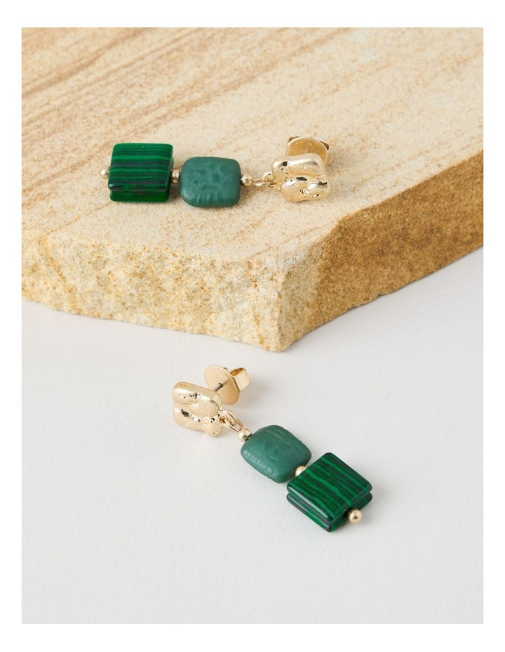 Green Square Bead Drop Earrings