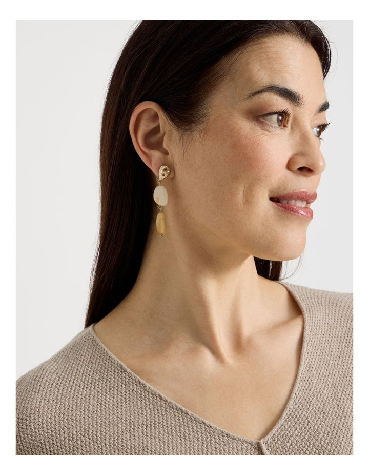 Stone and Gold Drop Earrings in Beige