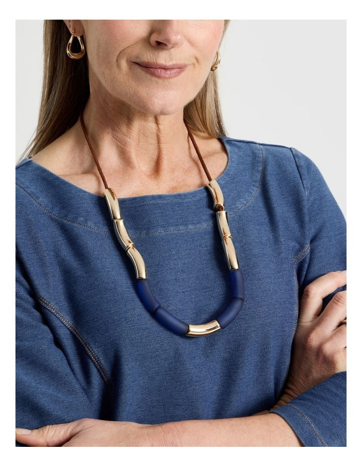 Frosted Curved Bead Necklace in Navy