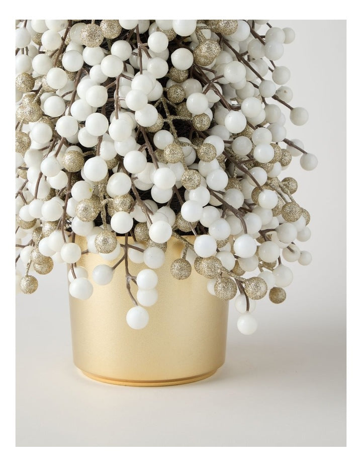 Luxe Christmas Berry Tree in Gold Pot in White: 90cm