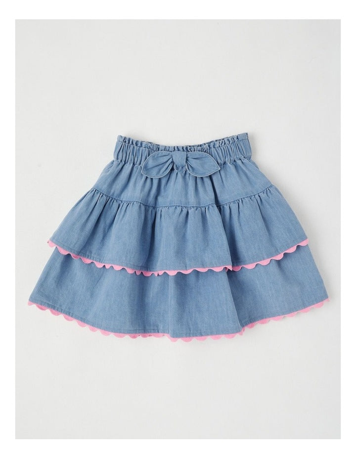 Peplum Ruffle Skirt in Light Denim