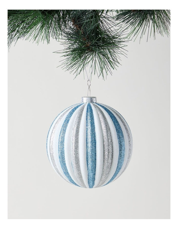 Luxe Christmas Glitter Stripe Oversized Bauble in Silver and Blue: 15cm