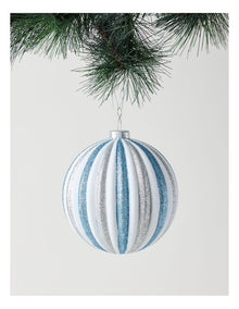 Luxe Christmas Glitter Stripe Oversized Bauble in Silver and Blue: 15cm