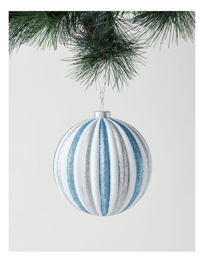Luxe Christmas Glitter Stripe Oversized Bauble in Silver and Blue: 15cm
