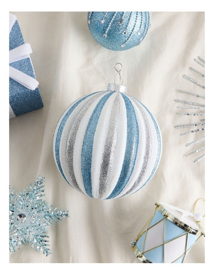 Luxe Christmas Glitter Stripe Oversized Bauble in Silver and Blue: 15cm