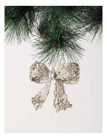 Luxe Christmas Plastic Bow with Gem Ornament in Champagne: 10cm