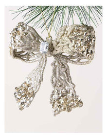 Luxe Christmas Plastic Bow with Gem Ornament in Champagne: 10cm