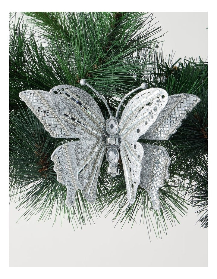 Luxe Christmas Glittered Butterfly Clip with Gems in Silver: 12cm