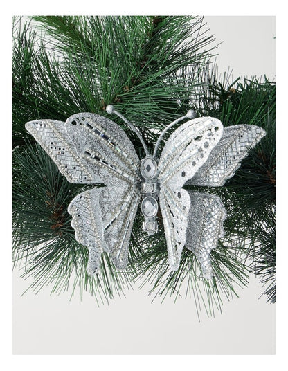 Luxe Christmas Glittered Butterfly Clip with Gems in Silver: 12cm
