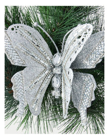 Luxe Christmas Glittered Butterfly Clip with Gems in Silver: 12cm