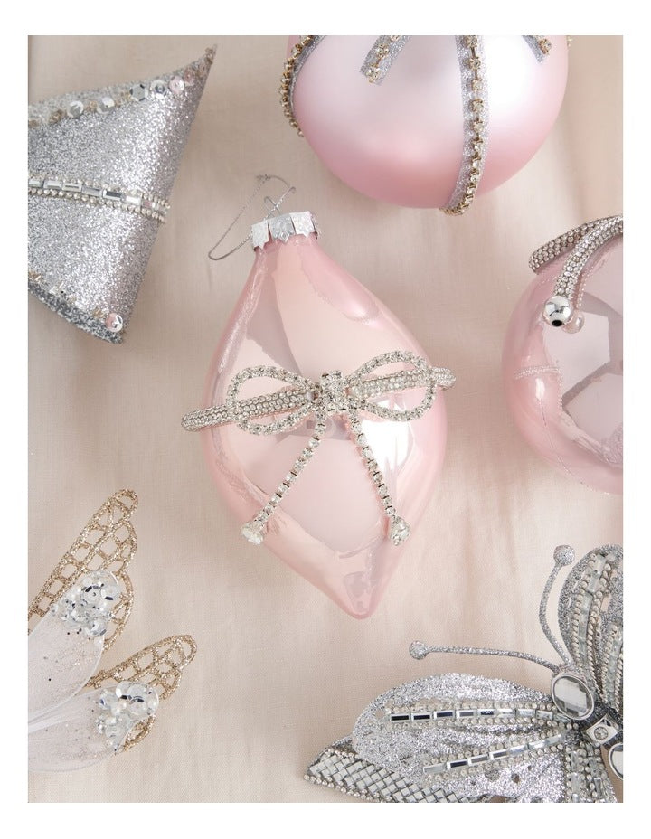 Luxe Christmas Glass Bow Finial in Pink: 13cm