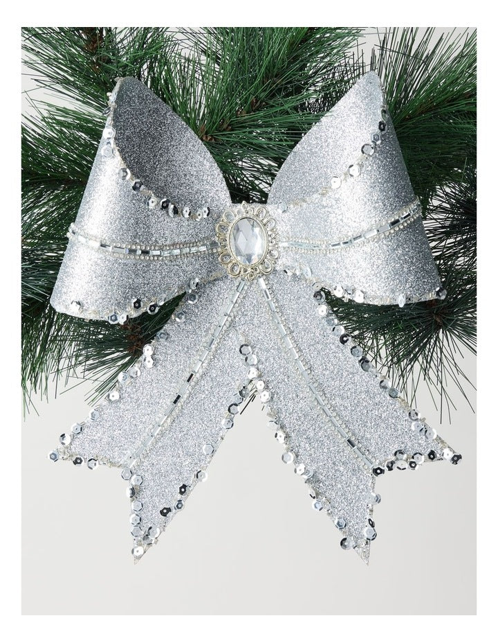 Luxe Christmas Plastic Oversized Bow Clip in Silver: 25cm