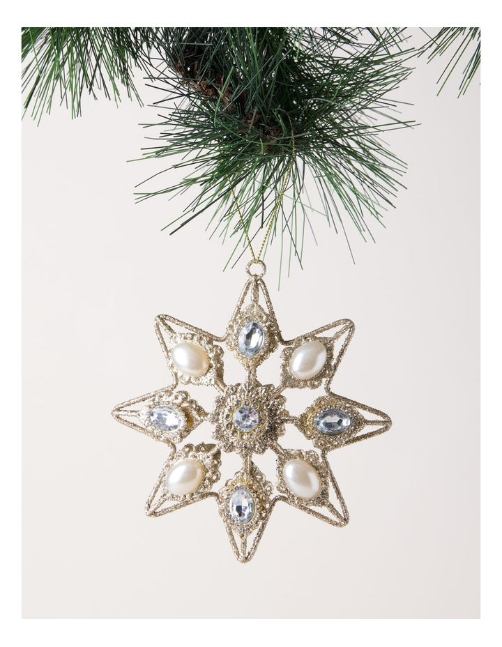 Luxe Christmas Metal Star with Pearl Ornament in Gold: 13cm