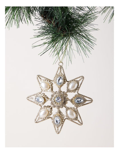 Luxe Christmas Metal Star with Pearl Ornament in Gold: 13cm