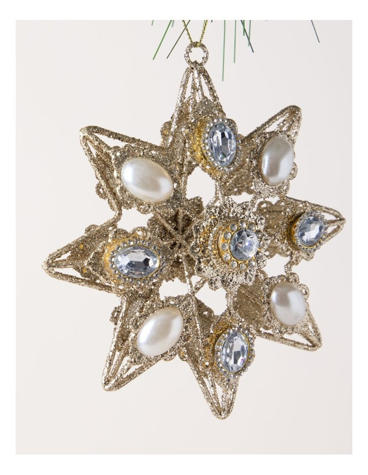 Luxe Christmas Metal Star with Pearl Ornament in Gold: 13cm
