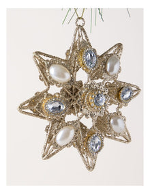 Luxe Christmas Metal Star with Pearl Ornament in Gold: 13cm