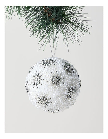 Luxe Christmas Plastic Pearl Bauble with Stars in White: 10cm