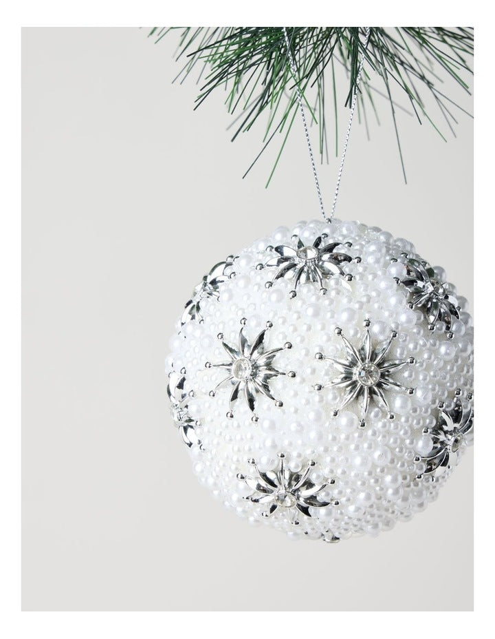 Luxe Christmas Plastic Pearl Bauble with Stars in White: 10cm