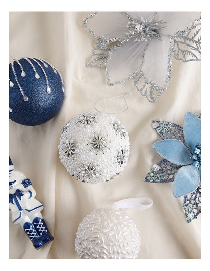 Luxe Christmas Plastic Pearl Bauble with Stars in White: 10cm