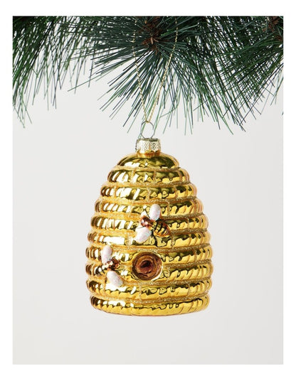 Harvest Christmas Glass Honeycomb Beehive Ornament in Yellow: 9cm