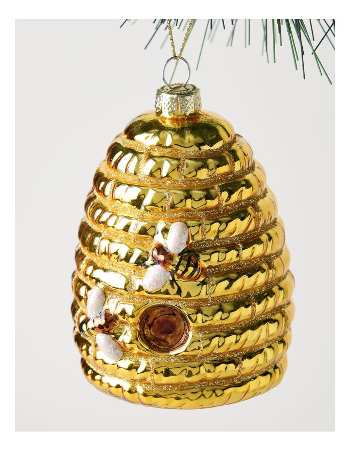 Harvest Christmas Glass Honeycomb Beehive Ornament in Yellow: 9cm