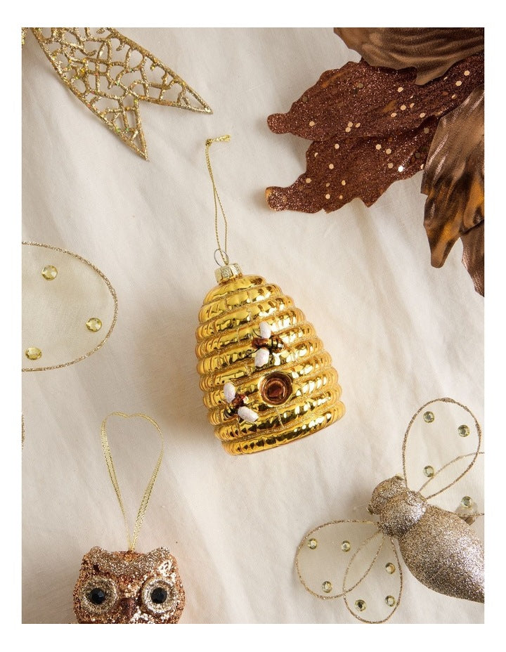 Harvest Christmas Glass Honeycomb Beehive Ornament in Yellow: 9cm