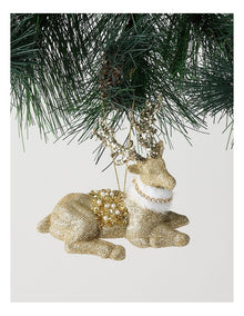 Harvest Christmas Plastic Glitter Reindeer Ornament with Beads in Brown: 10cm