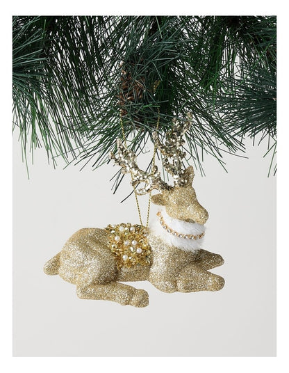 Harvest Christmas Plastic Glitter Reindeer Ornament with Beads in Brown: 10cm