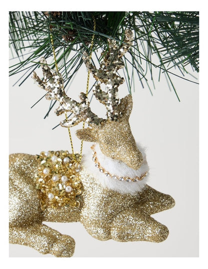 Harvest Christmas Plastic Glitter Reindeer Ornament with Beads in Brown: 10cm