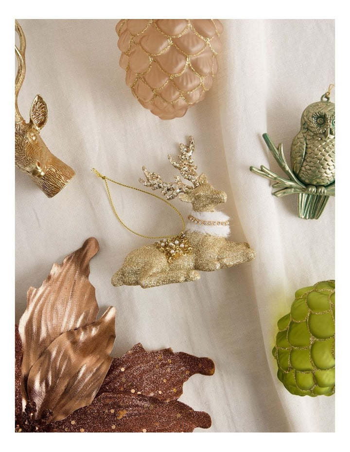 Harvest Christmas Plastic Glitter Reindeer Ornament with Beads in Brown: 10cm