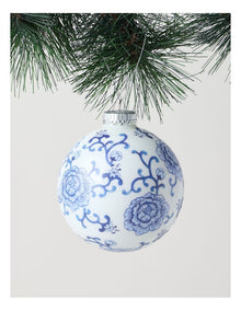 Luxe Christmas Glass Ginger Jar Bauble in Blue and White: 10cm