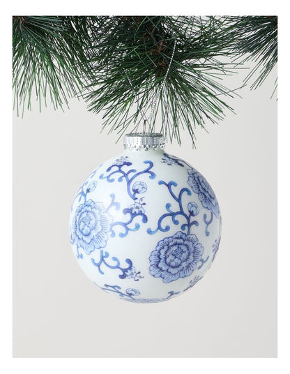 Luxe Christmas Glass Ginger Jar Bauble in Blue and White: 10cm