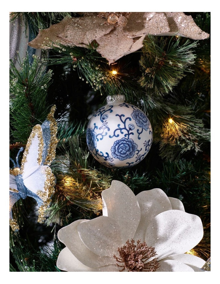 Luxe Christmas Glass Ginger Jar Bauble in Blue and White: 10cm