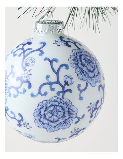 Luxe Christmas Glass Ginger Jar Bauble in Blue and White: 10cm