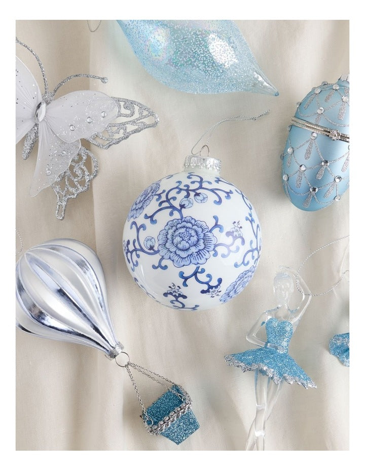 Luxe Christmas Glass Ginger Jar Bauble in Blue and White: 10cm