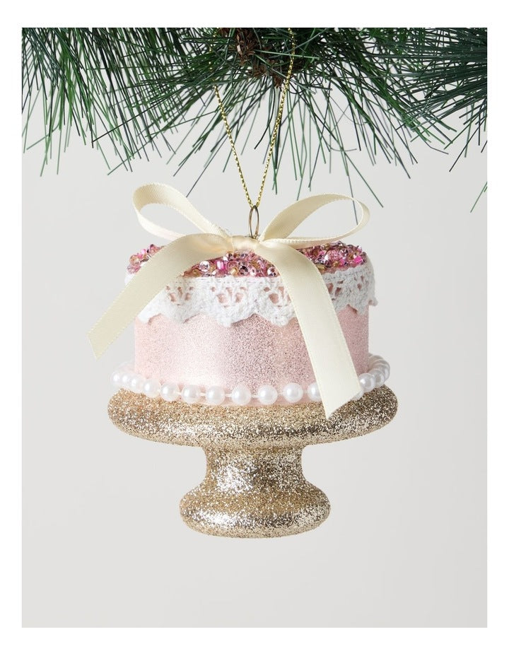 Nostalgia Christmas Plastic Cake with Bead & Pearls Ornament in Pink: 10cm
