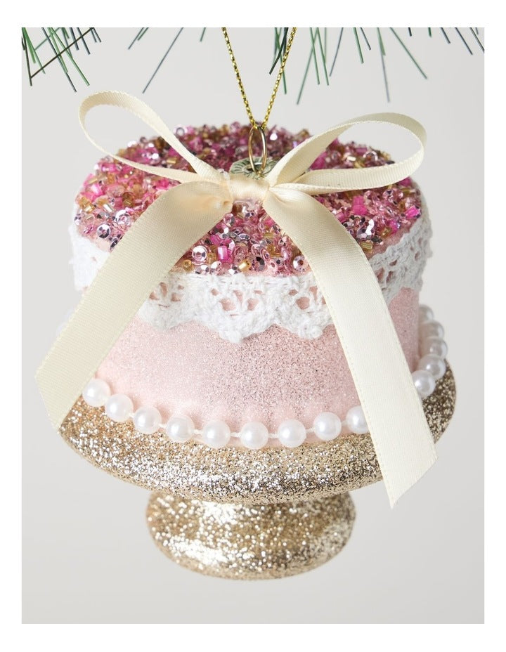 Nostalgia Christmas Plastic Cake with Bead & Pearls Ornament in Pink: 10cm
