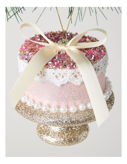 Nostalgia Christmas Plastic Cake with Bead & Pearls Ornament in Pink: 10cm
