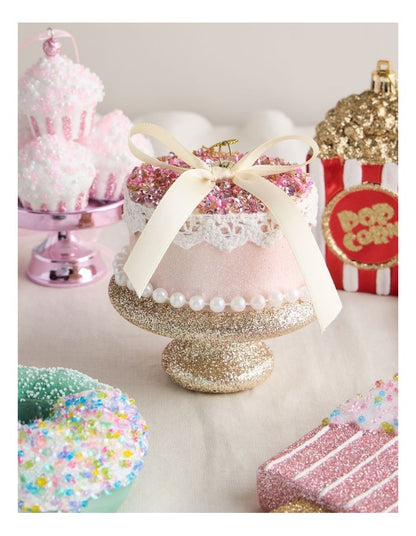 Nostalgia Christmas Plastic Cake with Bead & Pearls Ornament in Pink: 10cm