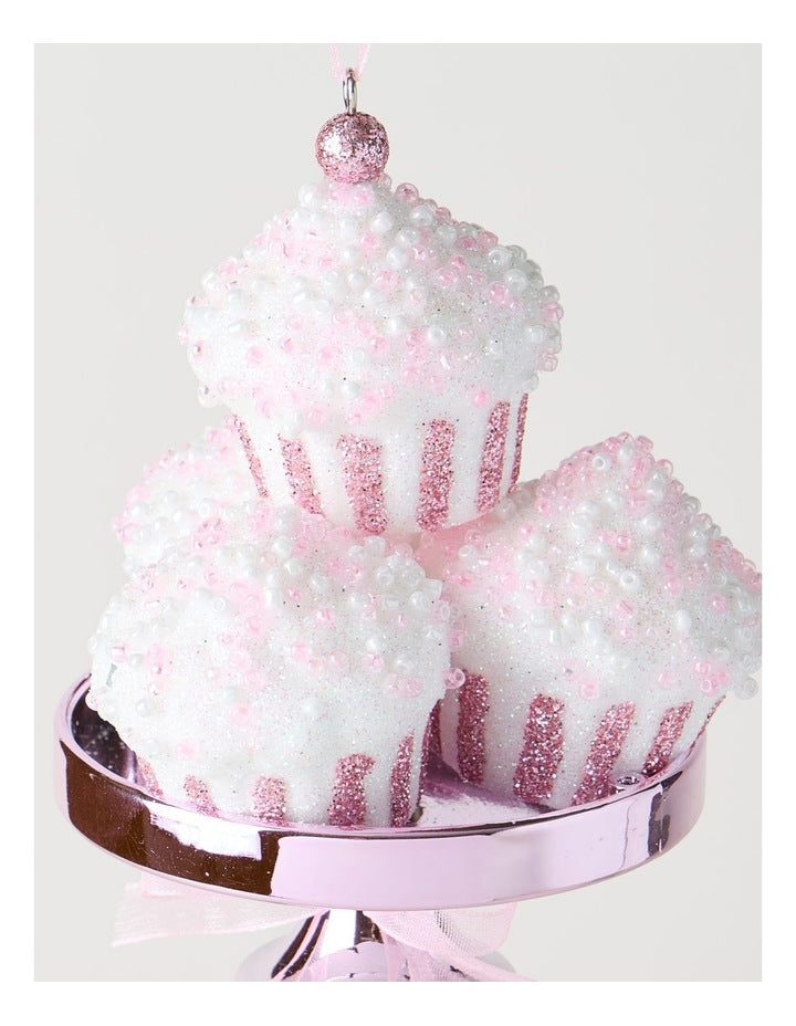 Nostalgia Christmas Plastic Cupcake with Stand Ornament in Pink: 11.5cm