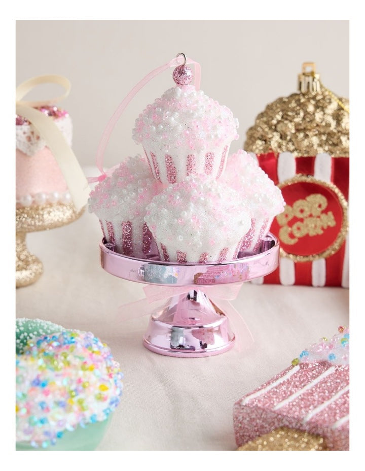 Nostalgia Christmas Plastic Cupcake with Stand Ornament in Pink: 11.5cm