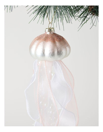 Eucalyptus Glass Jellyfish Ornament with Ribbons and Pearls in Pink: 30cm