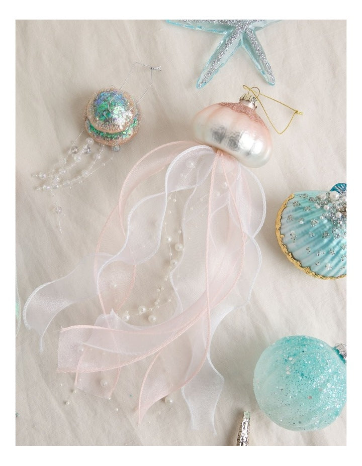 Eucalyptus Glass Jellyfish Ornament with Ribbons and Pearls in Pink: 30cm