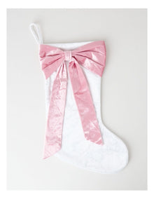 Luxe Christmas Velvet Stocking with Bow in White and Pink: 43cm